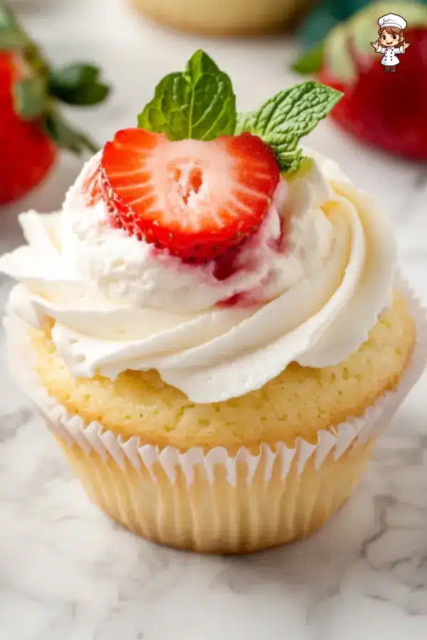 Delicious strawberry shortcake cupcakes with whipped cream and fresh strawberry topping.