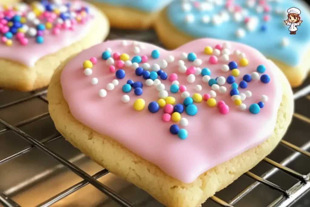 Delicious homemade sugar cookies decorated with colorful royal icing and sprinkles