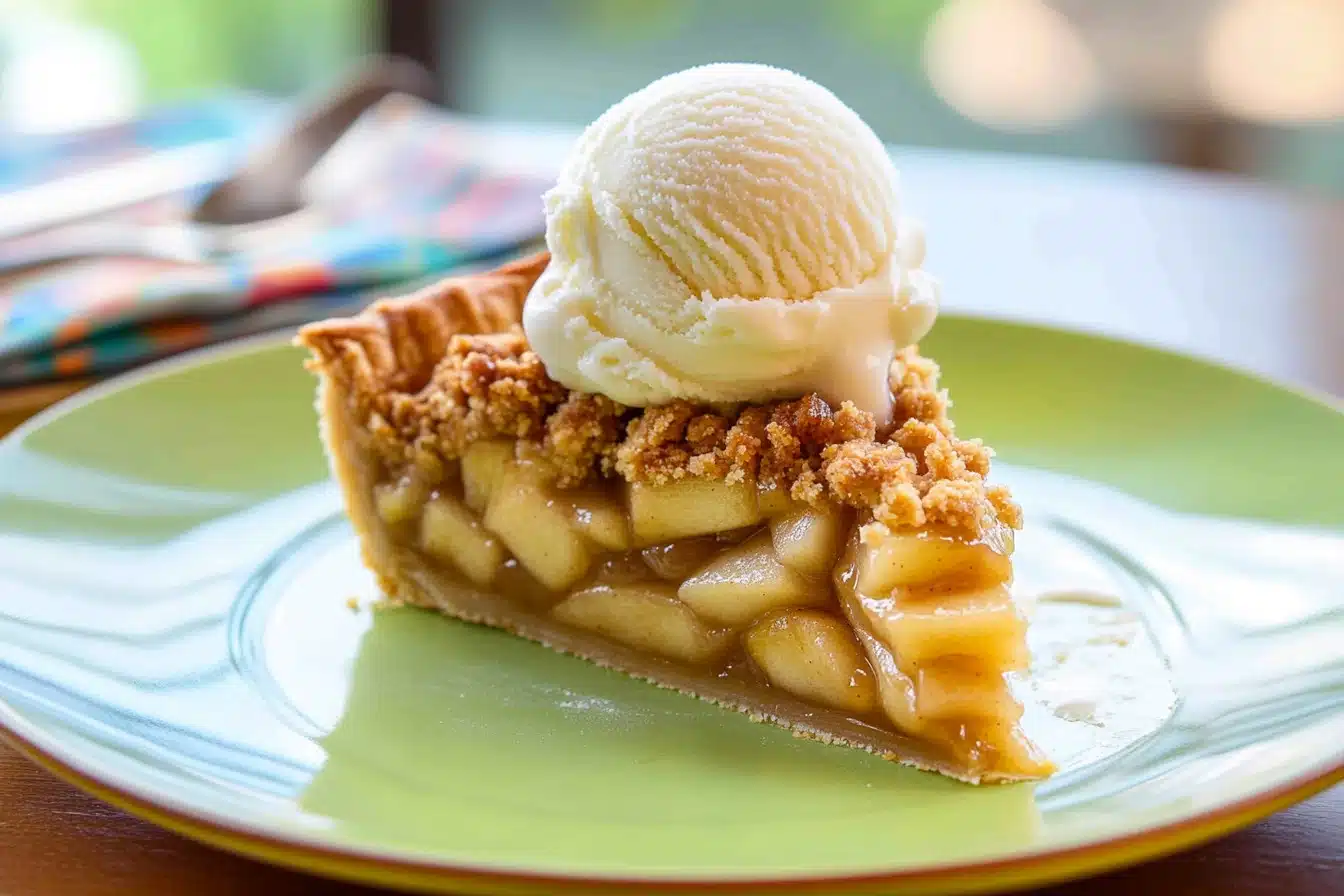 Delicious homemade Apple Crumble Pie with golden topping and juicy apples.