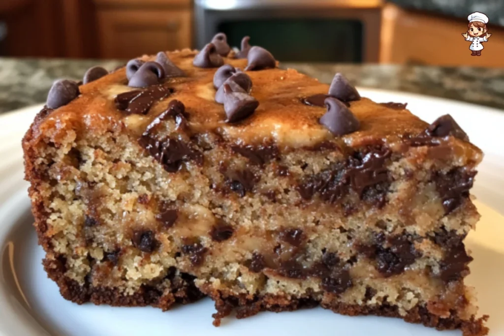 Deliciously moist Banana Chocolate Chip Cake topped with chocolate chips.