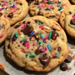 Delicious cake batter chocolate chip cookies on a plate