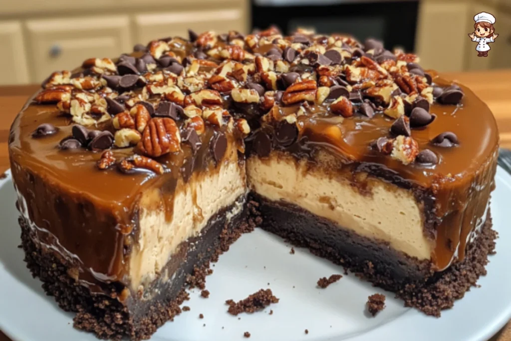 Delicious caramel turtle cheesecake topped with caramel and pecans.