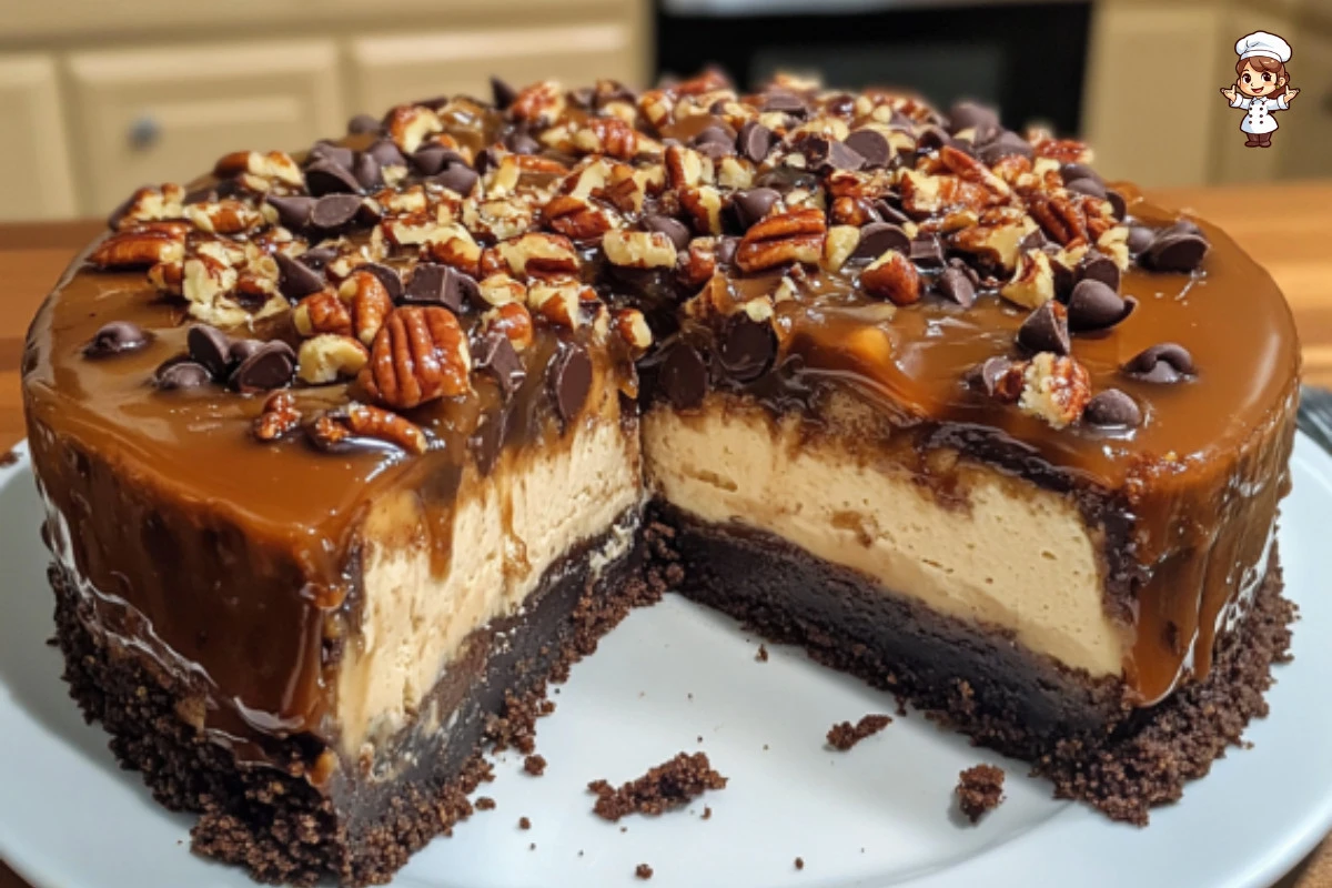 Delicious caramel turtle cheesecake topped with caramel and pecans.