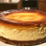 Slice of classic baked cheesecake topped with fresh berries on a white plate