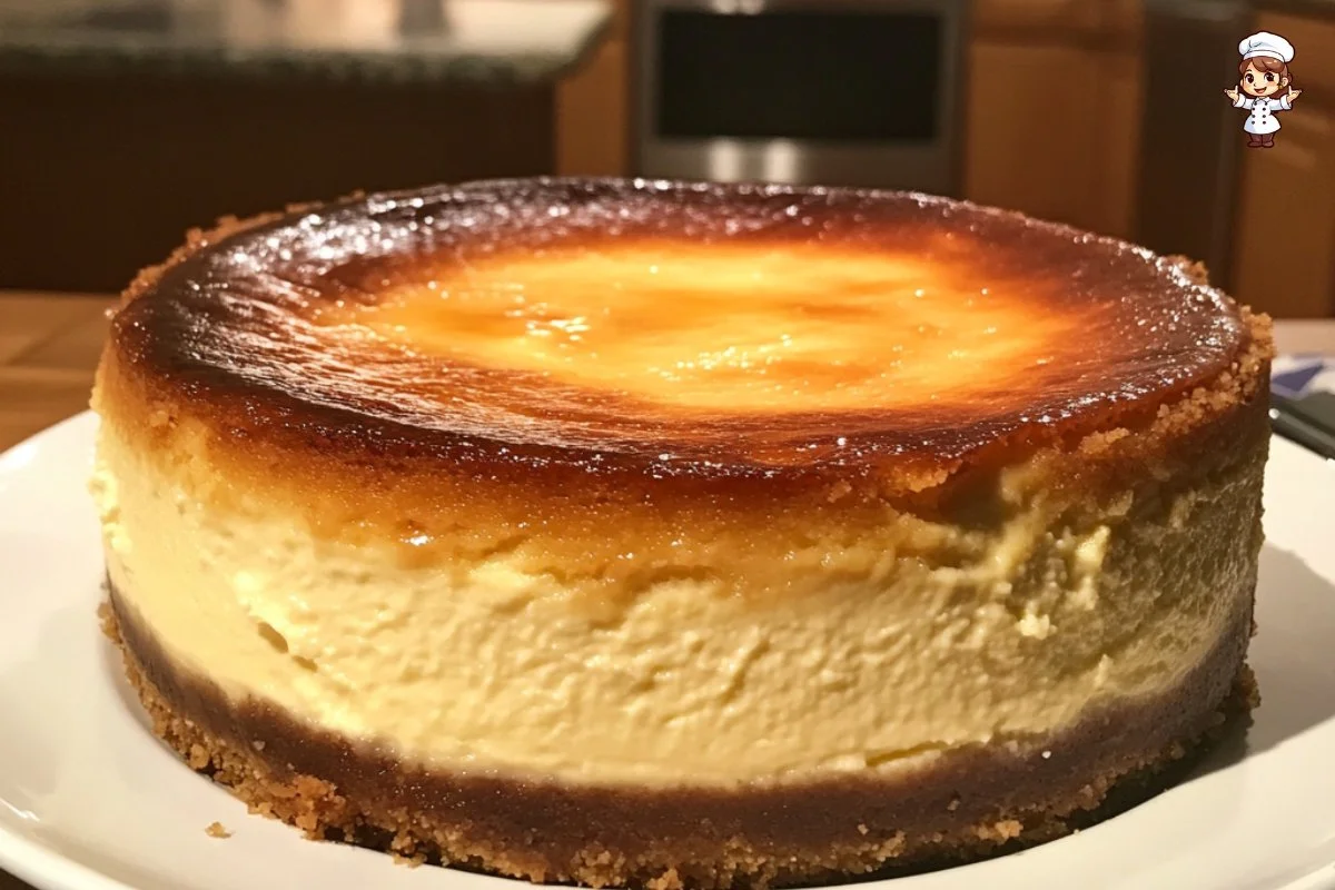 Slice of classic baked cheesecake topped with fresh berries on a white plate