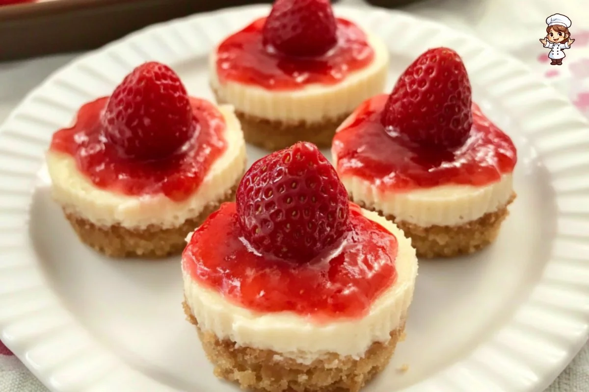 Delicious mini strawberry cheesecakes topped with fresh strawberries