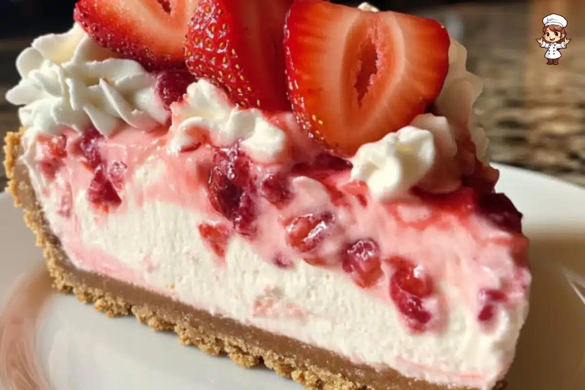 No Bake Strawberry Cheesecake topped with fresh strawberries and whipped cream