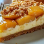 A slice of peach cobbler cheesecake garnished with fresh peaches and whipped cream.