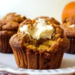 Freshly baked pumpkin cream cheese muffins with a golden brown top