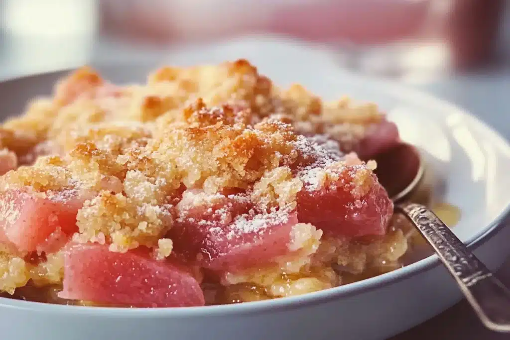 Delicious homemade rhubarb crumble served in a bowl with a crispy topping