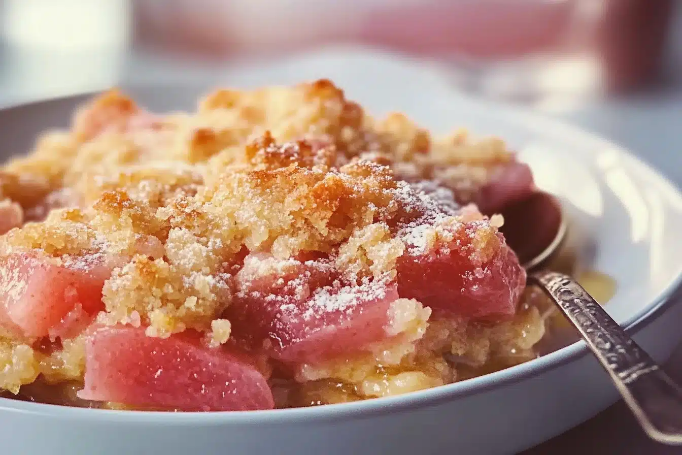 Delicious homemade rhubarb crumble served in a bowl with a crispy topping