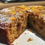 Delicious spiced orange and date cake served on a white plate.