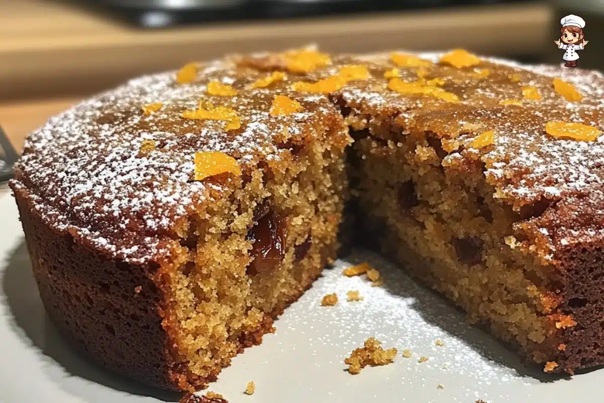 Delicious spiced orange and date cake served on a white plate.