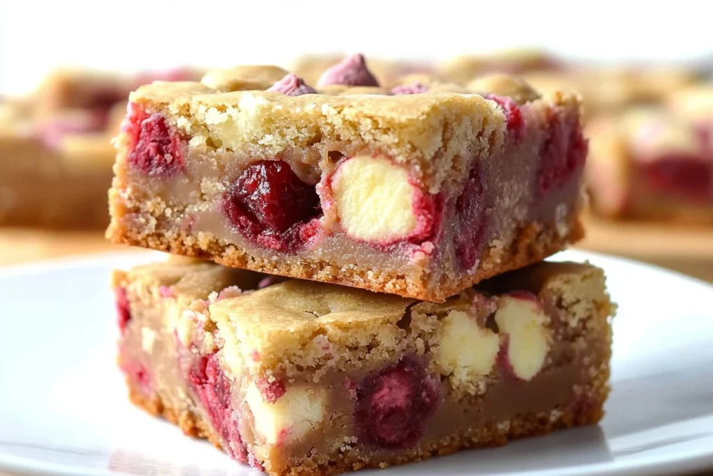 Delicious white chocolate and raspberry blondies on a white plate