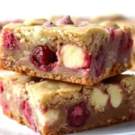 Delicious white chocolate and raspberry blondies on a white plate