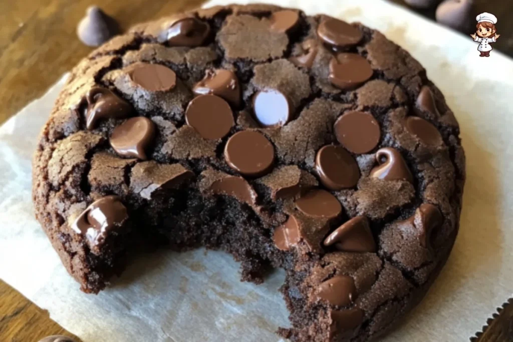 Giant double chocolate cookie with melted chocolate chips