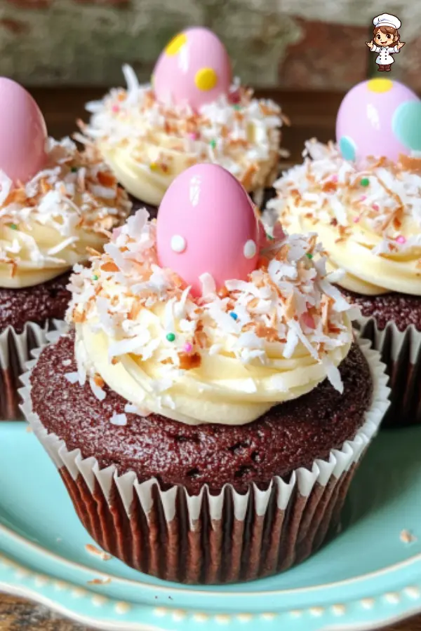 Easter Coconut Chocolate Cupcakes with Ganache Filling and Creamy Frosting