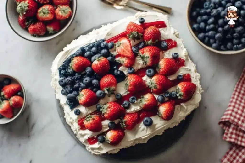 Delicious American Flag Cake decorated with berries and cream for a festive celebration.