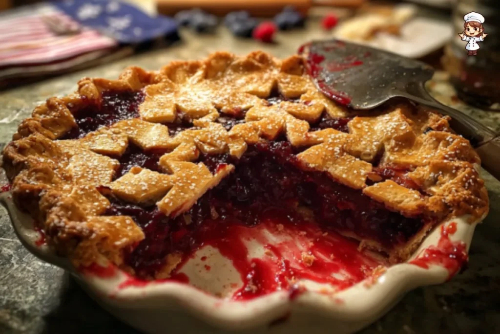 Delicious American Flag Pie decorated with berries and star shaped fruits.