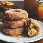 Baked apple cider donuts sprinkled with cinnamon sugar on a rustic wooden table.