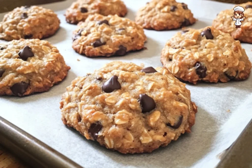 Plate of banana chocolate chip breakfast cookies with a glass of milk
