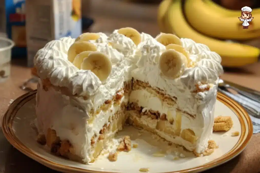 A delicious slice of Banana Pudding Cake topped with whipped cream and banana slices.
