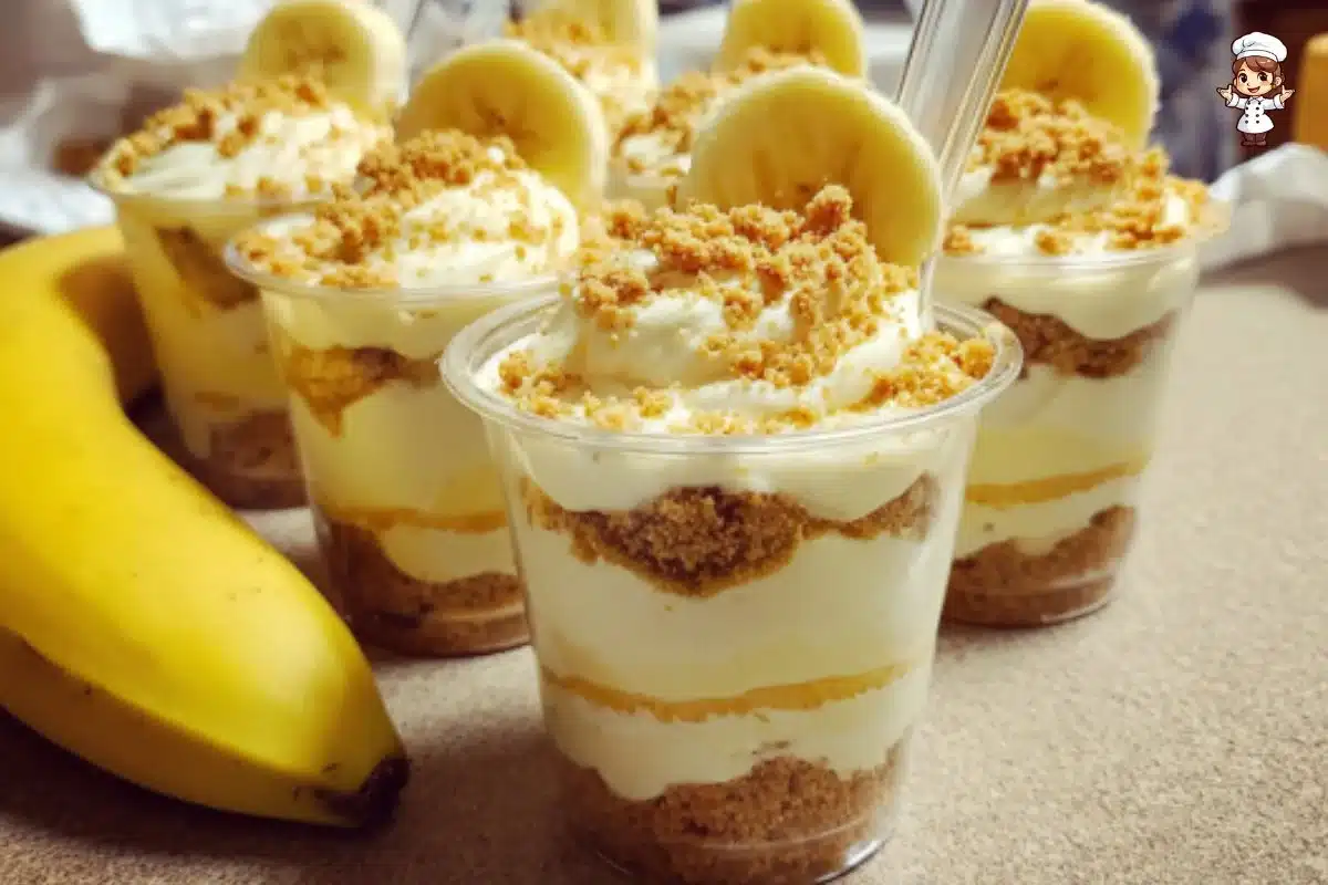 Delicious banana pudding cups with layers of banana and creamy pudding