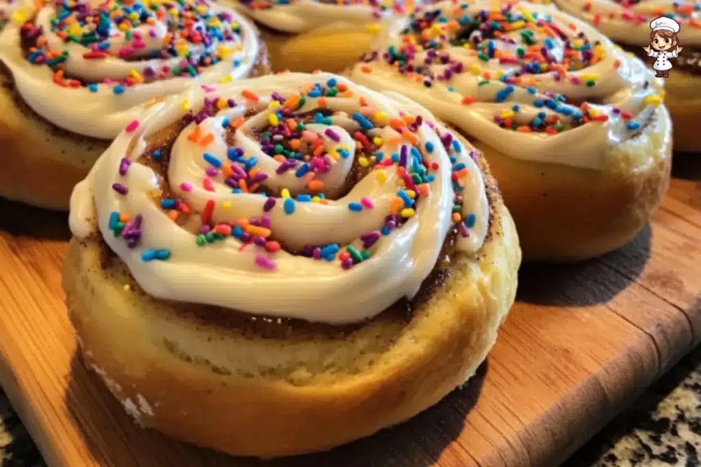 Birthday cake cinnamon rolls topped with colorful sprinkles and icing