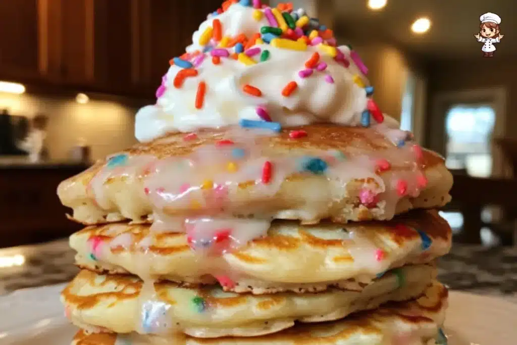Delicious stack of birthday cake pancakes topped with frosting and sprinkles
