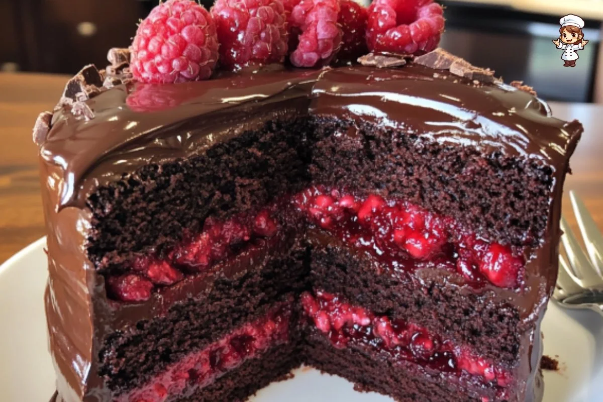 Delicious Chocolate Raspberry Cake with fresh raspberries and chocolate frosting