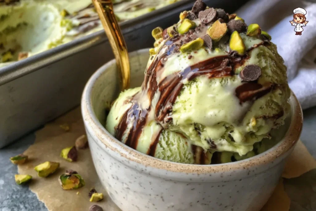 Chocolate swirl pistachio ice cream in a bowl, featuring vibrant green and rich chocolate colors.
