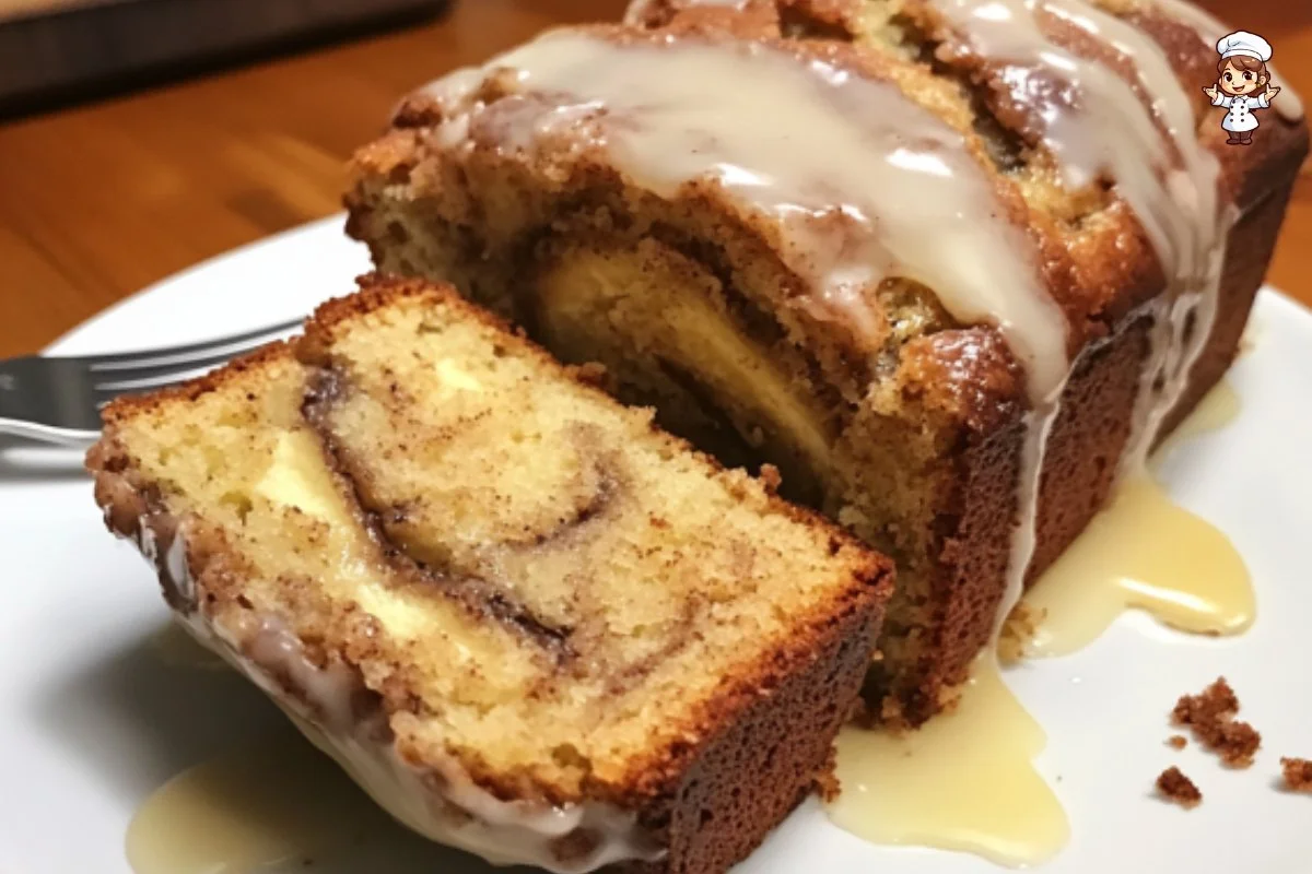 Delicious Cinnamon Swirl Banana Bread loaf on a wooden table