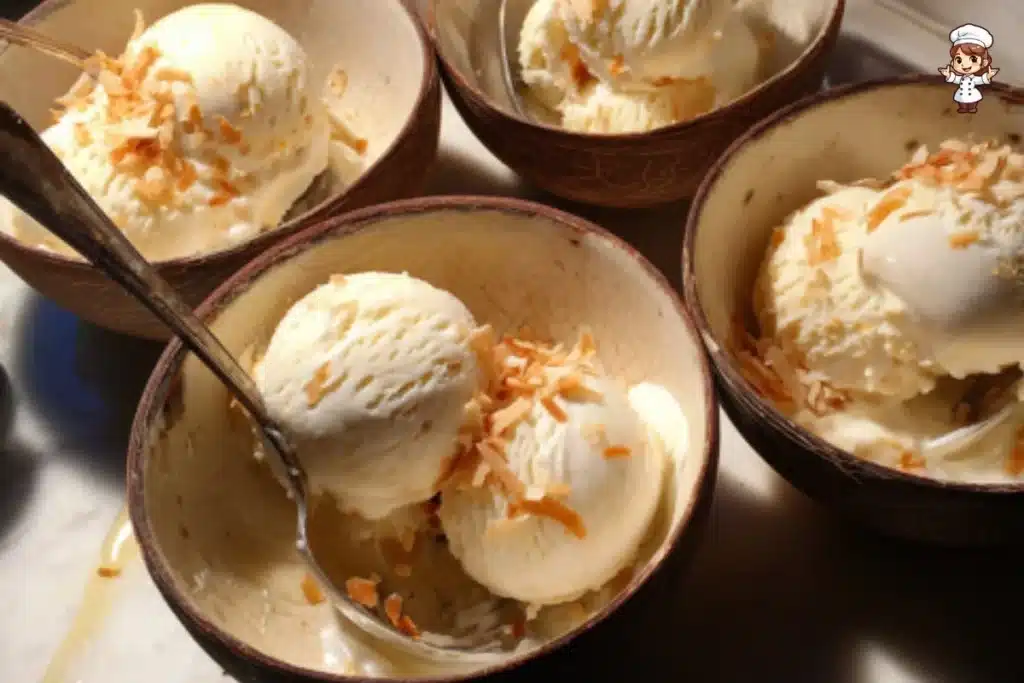 Delicious homemade coconut ice cream in a bowl topped with shredded coconut.