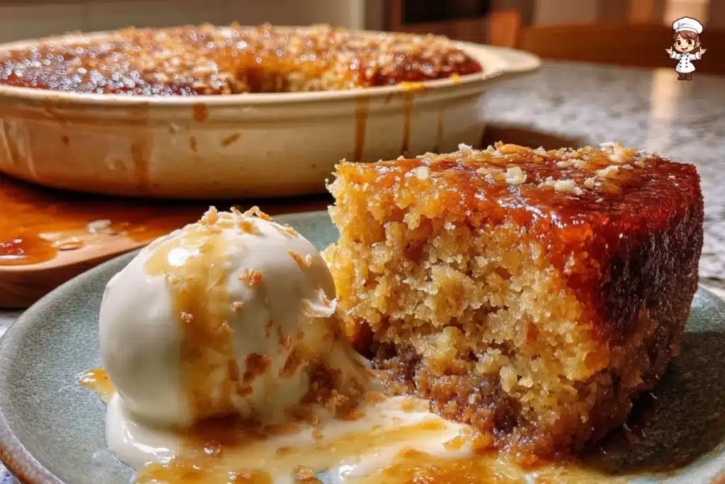 Delicious Coconut Sticky Pudding Cake served on a plate with coconut flakes