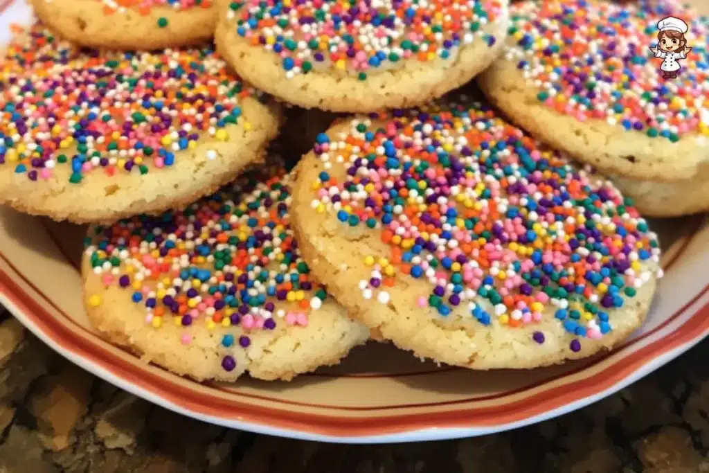 Colorful drop style sprinkle sugar cookies on a plate