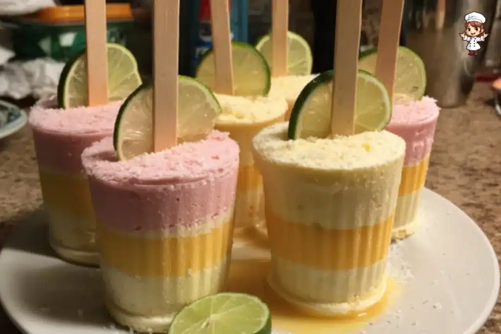 Frozen mango strawberry margarita pops served in colorful molds
