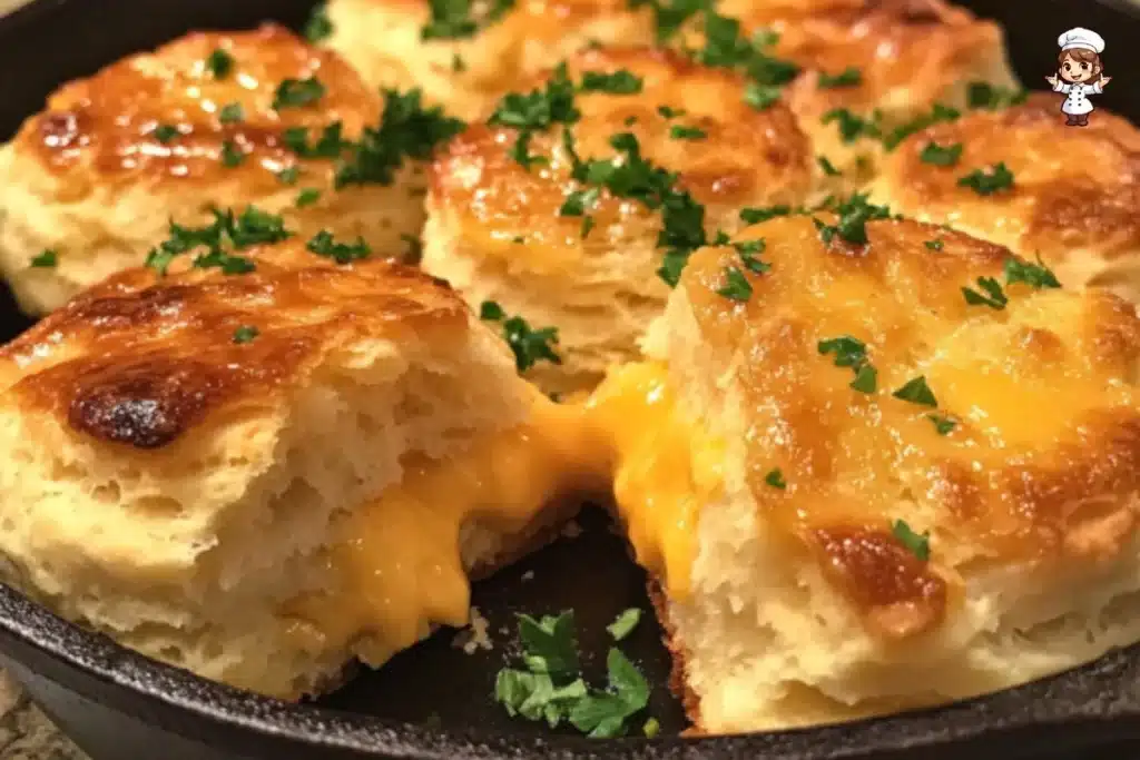 Fluffy homemade cheddar biscuits fresh from the oven, golden brown and cheesy.