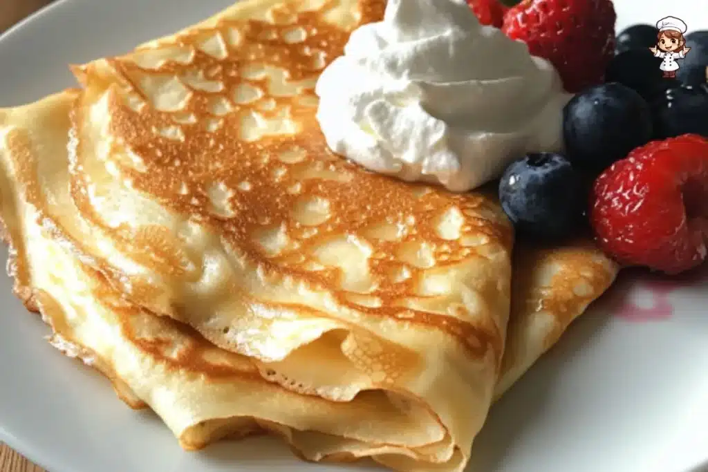 Delicious homemade crepes filled with fresh fruits and whipped cream