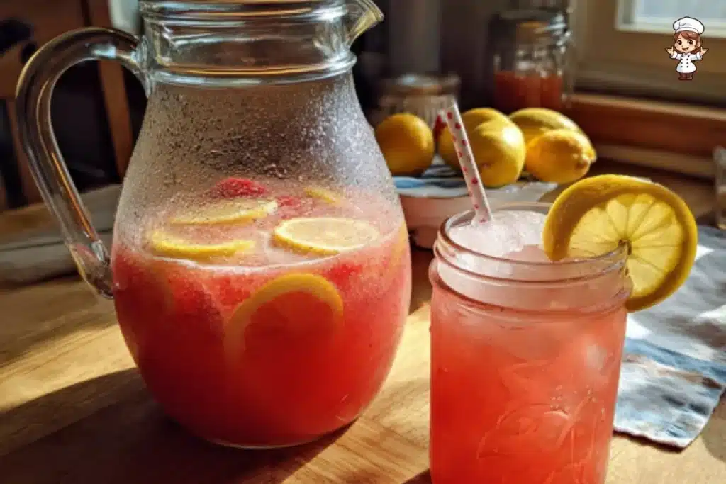 A refreshing glass of honey sweetened strawberry lemonade garnished with fresh strawberries.