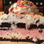 Homemade ice cream cake inspired by Dairy Queen, decorated with frosting and sprinkles.
