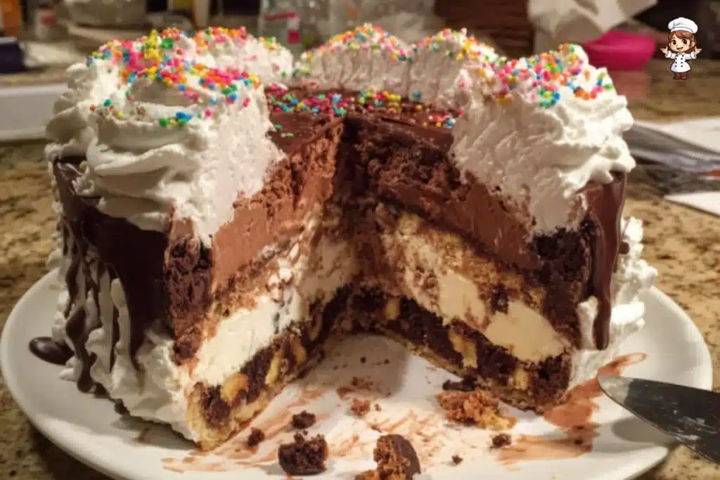 Delicious ice cream cake with chocolate cookie crunch layer, perfect for celebrations