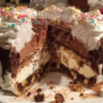 Delicious ice cream cake with chocolate cookie crunch layer, perfect for celebrations