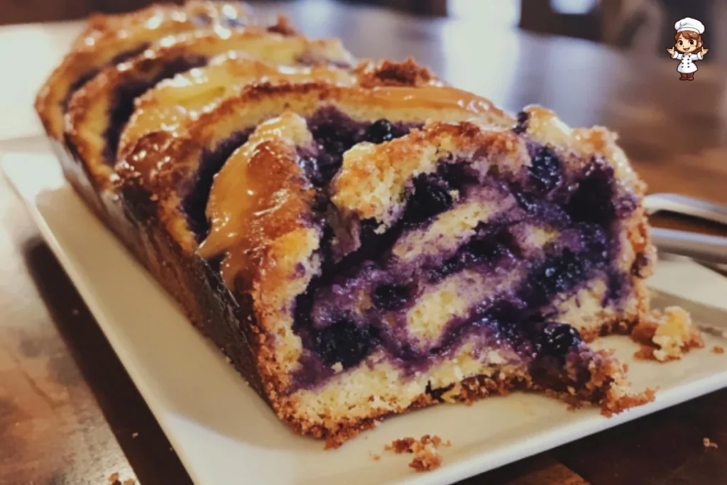 Freshly baked Lemon Blueberry Babka with lemon glaze and blueberries
