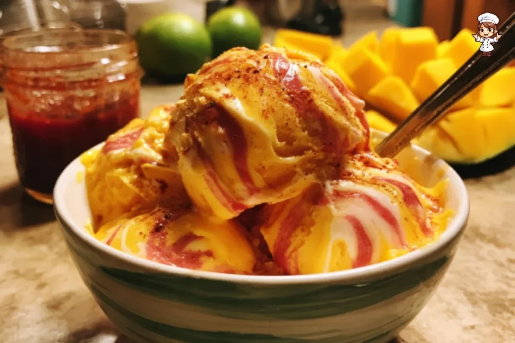 Delicious homemade mango sorbet in a bowl with fresh mango slices