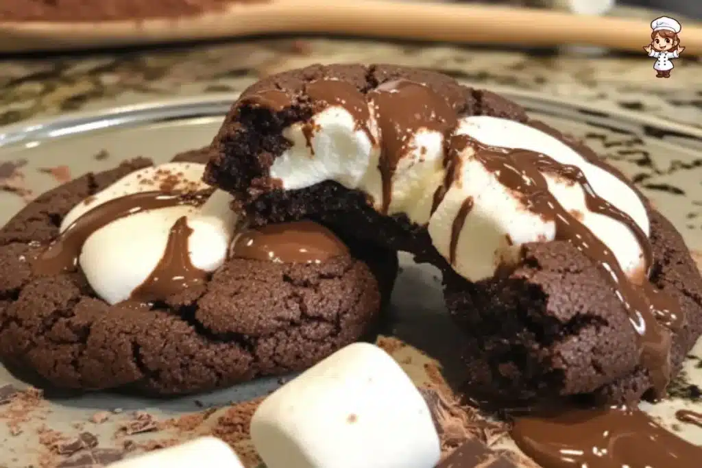 Delicious Marshmallow-Surprise Hot Cocoa Cookies on a festive plate