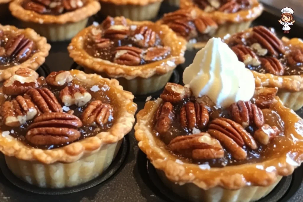 Freshly baked mini pecan pies on a wooden table