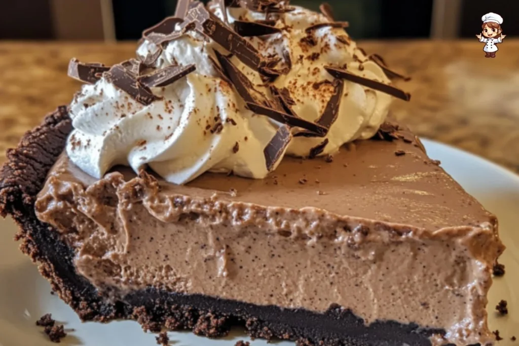 Delicious Mocha Chocolate Pudding Pie topped with whipped cream and cocoa.