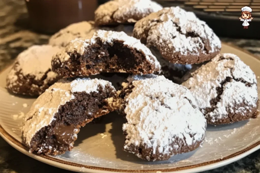 Freshly baked Nutella crinkle cookies dusted with powdered sugar.