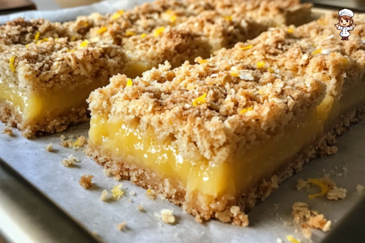 Oatmeal lemon crumble bars fresh out of the oven, topped with lemon zest