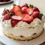 One layer strawberry shortcake cake topped with fresh strawberries and whipped cream.